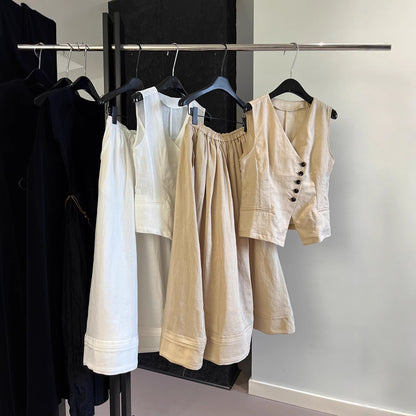 2025 spring and summer designer minimalist old money style suit, linen V-neck vest vest + elastic pendulum skirt