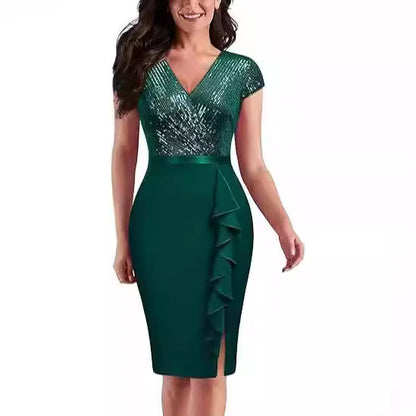 FLOWERSVERSE popular   Black Gold Double Spell Solid Color Temperament Commuter High Waist Fashion Sequin Dress