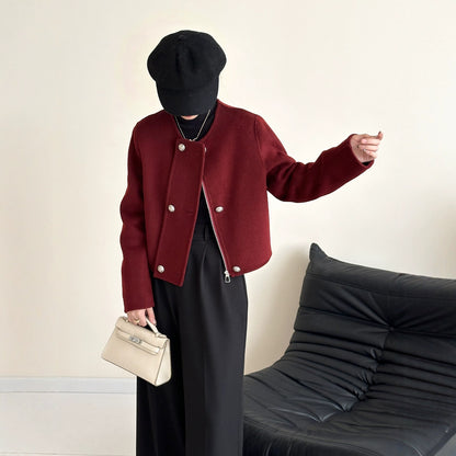 2025 Collarless zipper solid color small short high-end double-sided wool woolen coat jacket women's warm autumn and winter