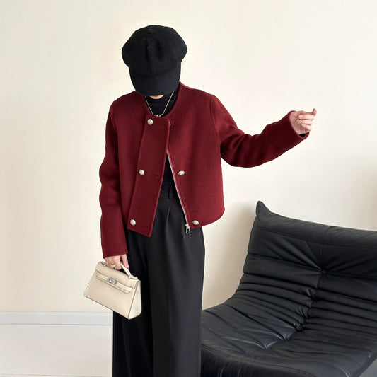 2025 Collarless zipper solid color small short high-end double-sided wool woolen coat jacket women's warm autumn and winter