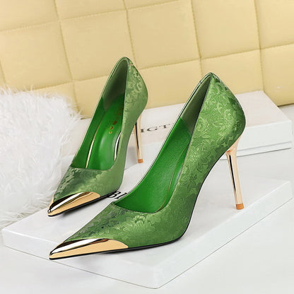 2025 9318-10 National style women's shoes high heels silk thin heel light mouth metal pointed satin banquet high heel single shoes women