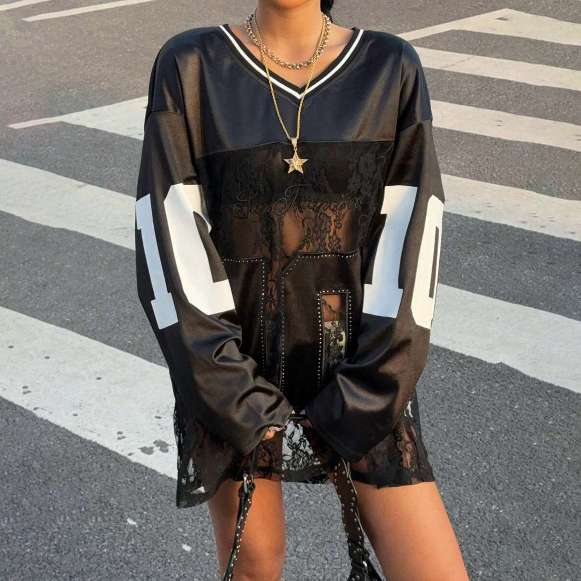 Street style Spice Girl fashion lace splicing contrasting color collar pullover sweater women's loose perspective design sense printed top