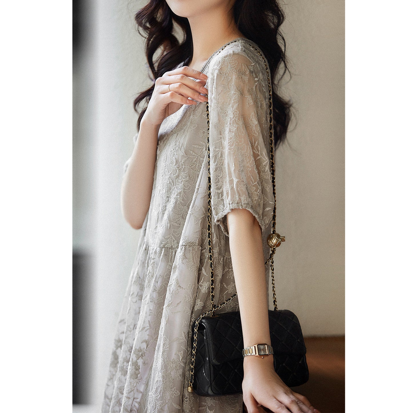 2025 Soft silk embroidered heavy mulberry silk dress high-end lace  women's new summer long skirt