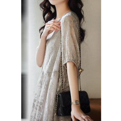 2025 Soft silk embroidered heavy mulberry silk dress high-end lace  women's new summer long skirt