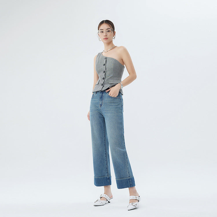 2025 autumn new curled jeans women's 2025n high street design sense niche high waist thin wide leg nine-point pants