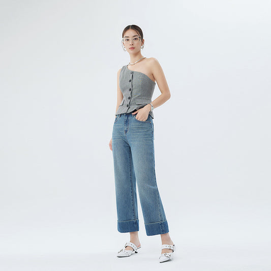 2025 autumn new curled jeans women's 2025n high street design sense niche high waist thin wide leg nine-point pants