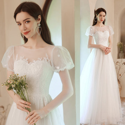 Princess bride bubble sleeve light wedding dress white bridesmaid dress 2025 new temperament performance catwalk host dress