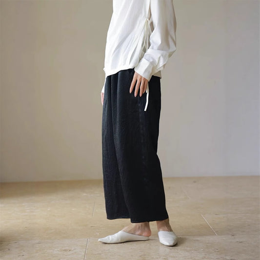 Siyuan, guest acetic acid drawstring elastic waist wide-leg pants women's niche design casual and thin lazy pants 7703