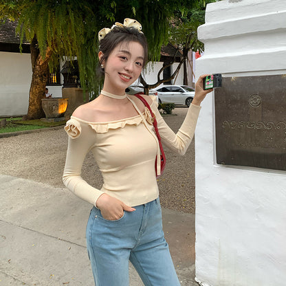 2025 Thirteen Lines  Spring New One-Neck Three-dimensional Flower ins Slim-fit Knitted Sweater Sweater 25208