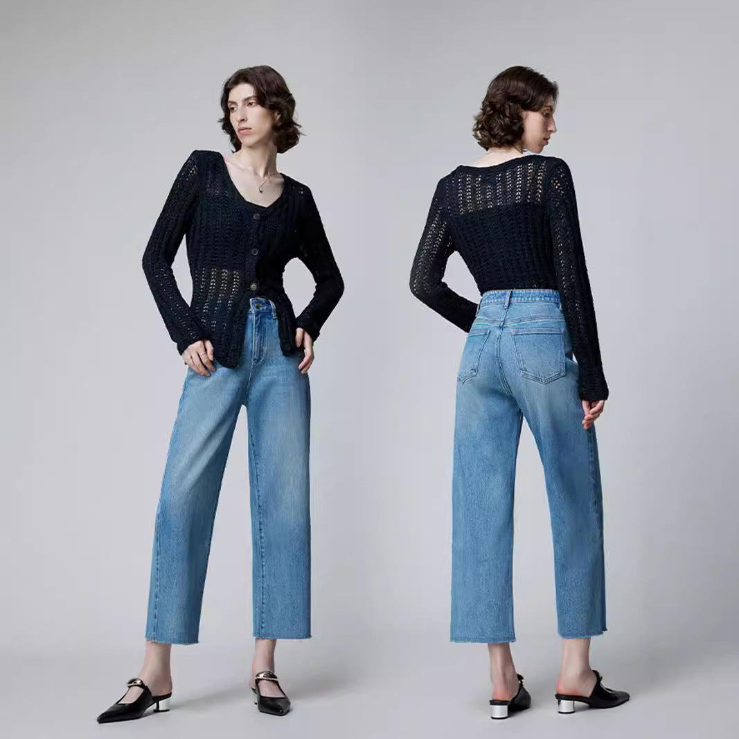 2025 popular early autumn new women's clothing lycra fabric high face exquisite rough edge nine points loose straight pants jeans hair