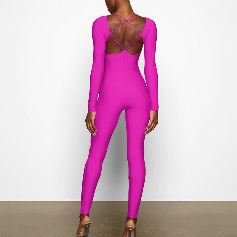 2025 New women's clothing sexy tight jumpsuit autumn new fashion strap backless long-sleeved jumpsuit