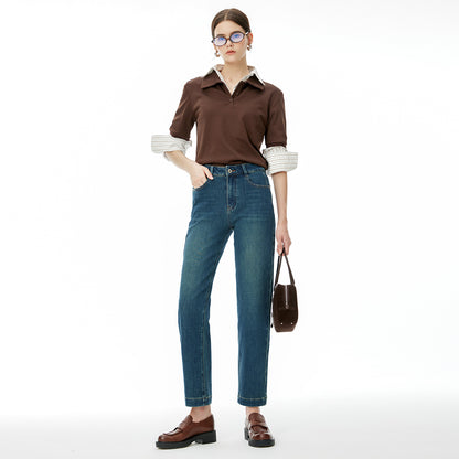 2025 popular autumn and winter new women's clothing slim-fitting high-waisted four-sided elastic denim nine-point pants Vientiane elastic fashion jeans women