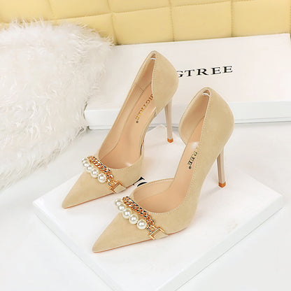 2025 8829-2  style banquet slim super high heel suede shallow mouth pointed pearl metal chain side hollow single shoe