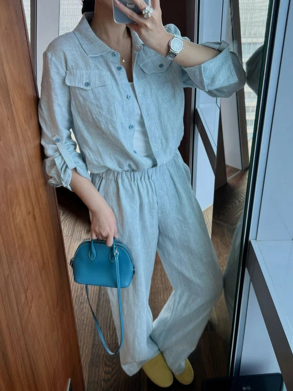 2025 Korean high-end relaxation wear, blue shirt, trousers, linen suit, women's clothing  spring match, a complete set