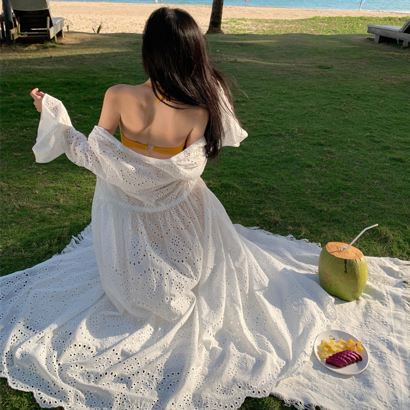 2025 Pure desire  hollow cardigan jacket women's horn sleeves casual vacation style long embroidered super fairy dress