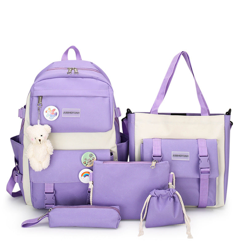 New Five-Piece Schoolbag Female Korean Primary School Student High School Student Large Capacity Fresh and Stylish Backpack