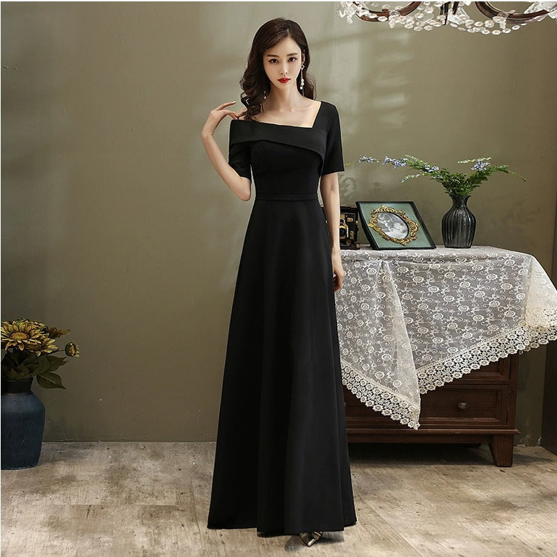 2025 black one-shoulder long dress with sleeves, art exam coming-of-age ceremony, catwalk, evening wear, performance, chorus etiquette skirt