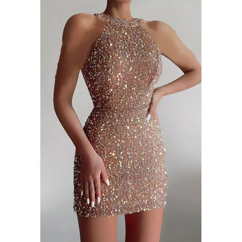 New new fashion neck sexy crystal fringed hip sequined dress mid-waist evening dress