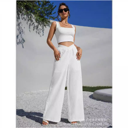 FLOWERSVERSE  Cross-Border Foreign Trade New European and American Solid Color Cross Waist Pleating Wide Leg Popular Women's Casual Pants