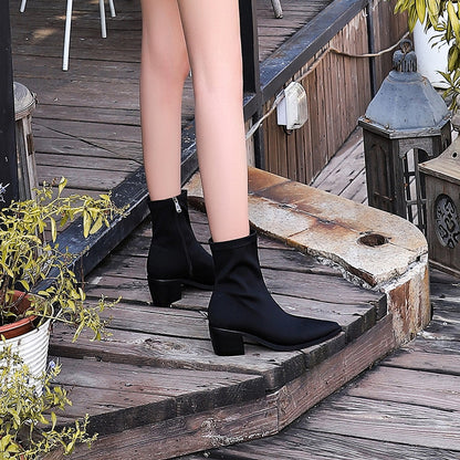 FLOWERSVERSE 2025 009-13  style fashionable and sexy nightclub pedicure and thin comfortable thick heel high heel pointed elastic Lycra short boots