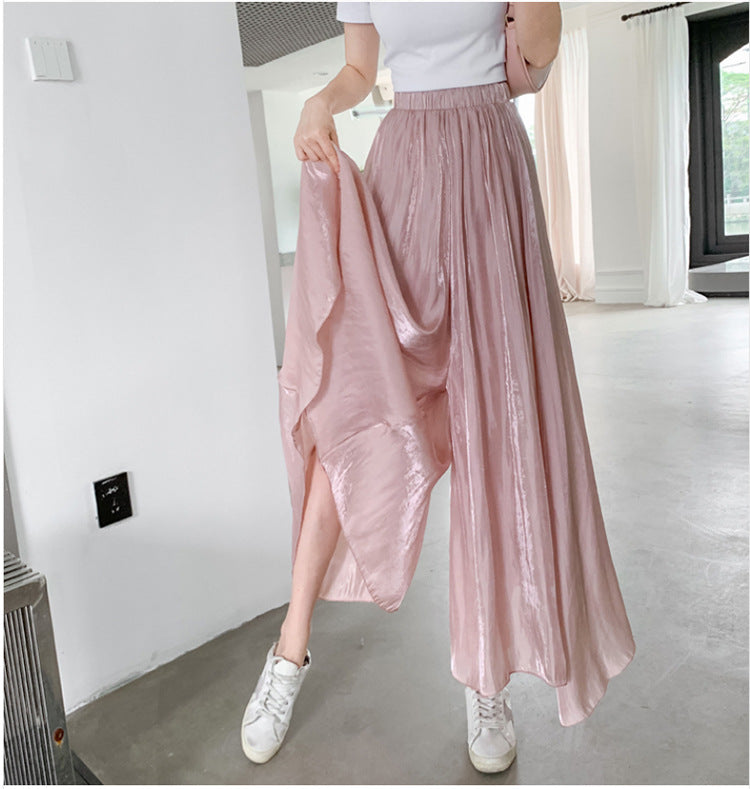 flowersverse Niche Summer Wide-Leg Pants Women's New High Waist Loose Casual Pants Streamer Satin Culottes Thin Mop Pants Trousers