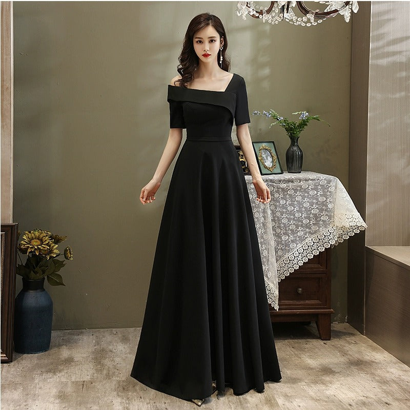 2025 black one-shoulder long dress with sleeves, art exam coming-of-age ceremony, catwalk, evening wear, performance, chorus etiquette skirt