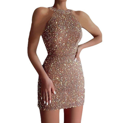 New new fashion neck sexy crystal fringed hip sequined dress mid-waist evening dress