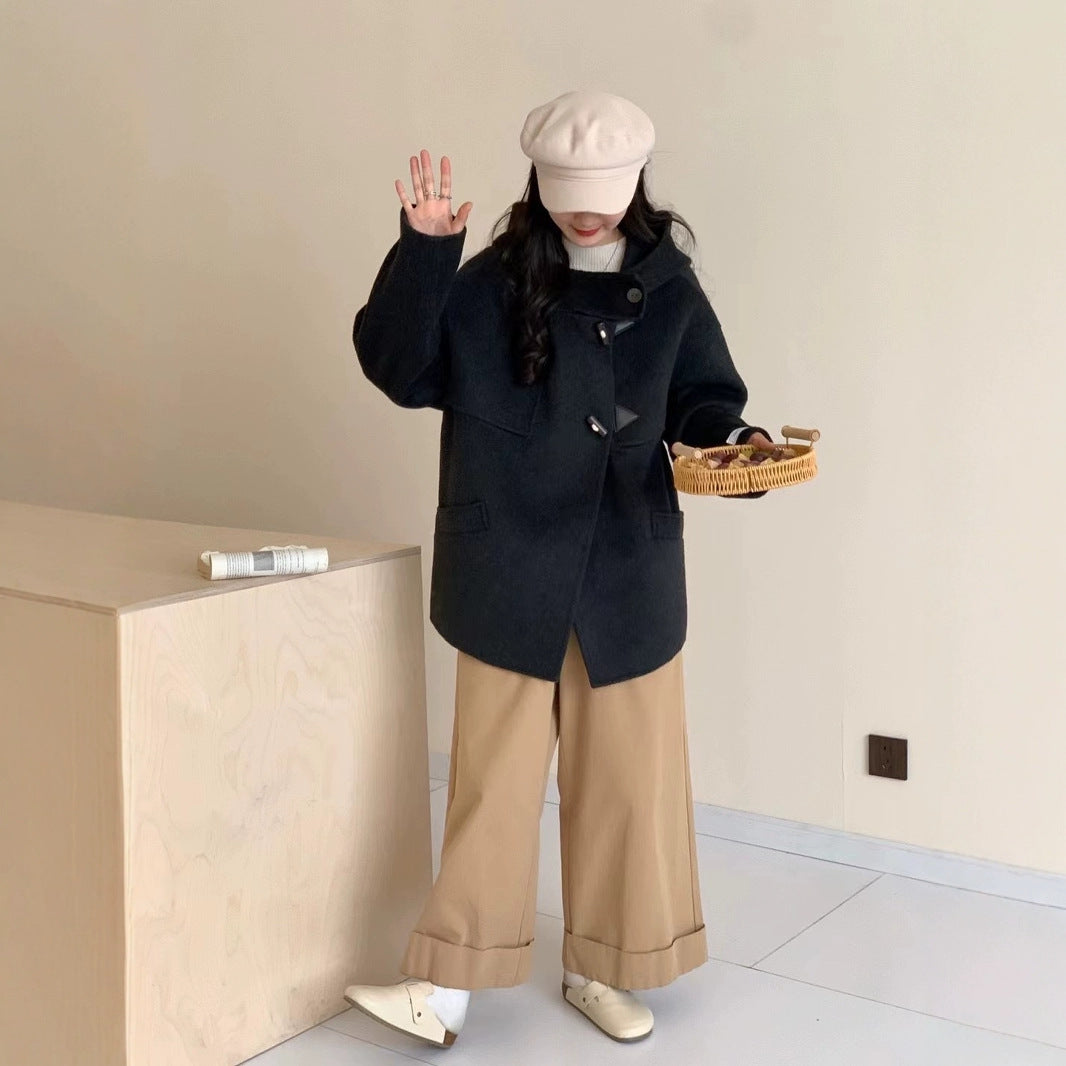 2025 Horn buckle solid color hooded single-breasted multi-buckle medium and long double-sided wool coat woolen jacket women's warm autumn and winter