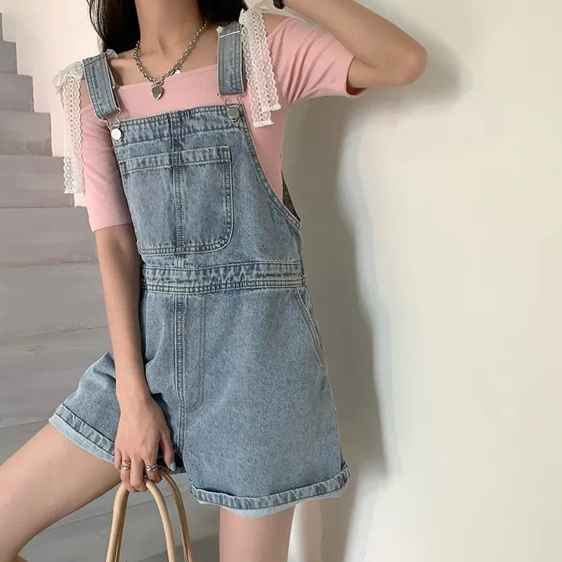 flowersverse Denim Suspender Pants Women's New Summer Loose Slimming Wide-Leg Pants Small Shorts Western Style Youthful-Looking Pants