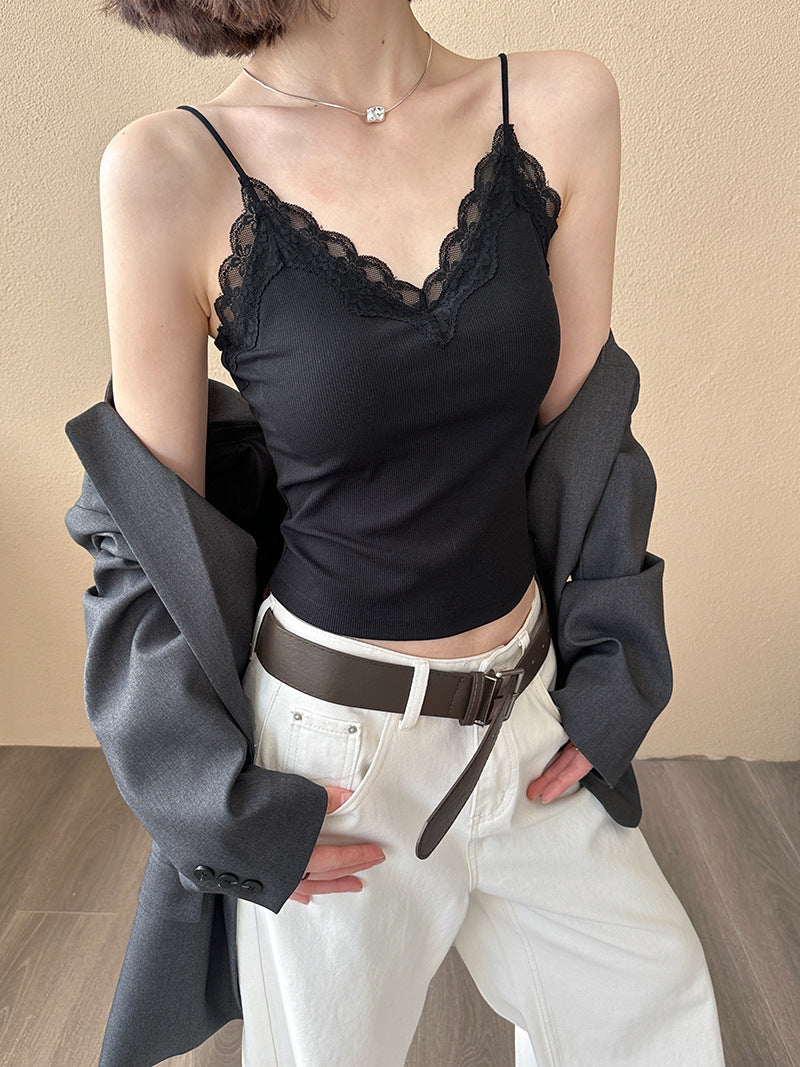 2025  Spring New Lace Sweet and Spicy Small Vest Slim-fit Elastic Top with Chest Pad Bottom Sling 2035