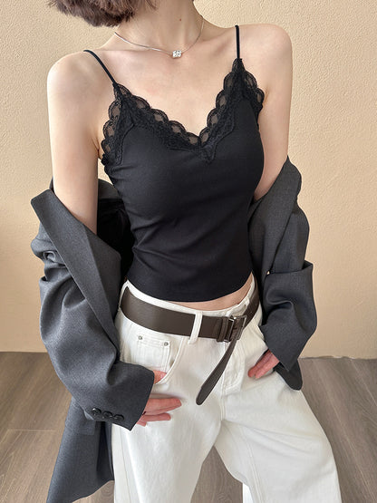 2025  Spring New Lace Sweet and Spicy Small Vest Slim-fit Elastic Top with Chest Pad Bottom Sling 2035