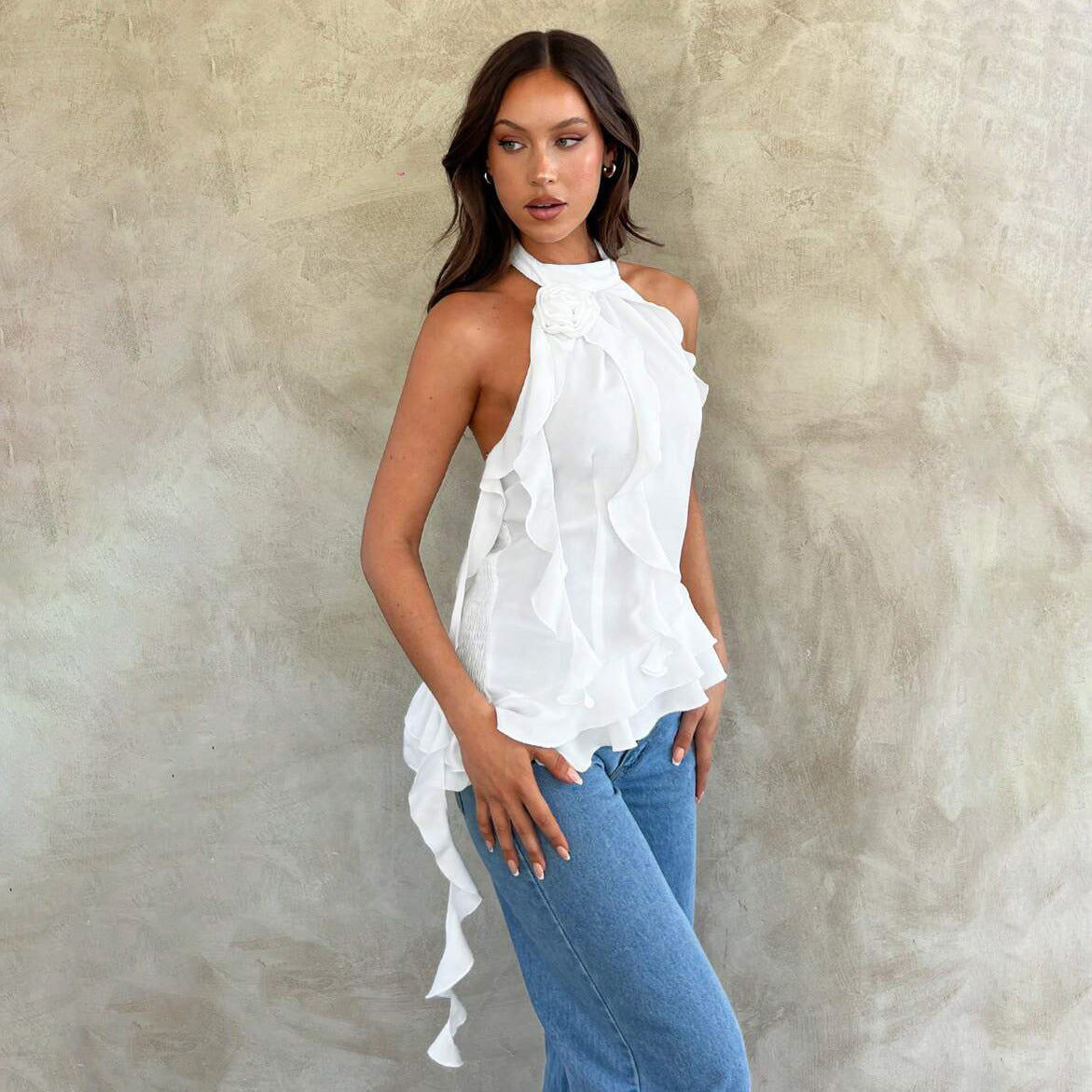 Pure desire 2025n Spice Girl streamer three-dimensional rose sleeveless neck vest women's summer chiffon ruffle edge design sense