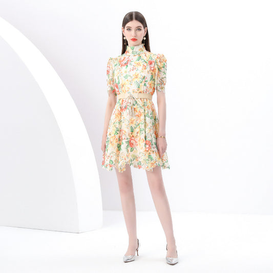 new dress women's  strap waist high neck bubble sleeve hollow crochet lace A word short skirt