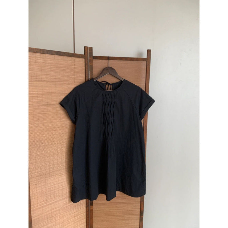 Japanese retro loose pleated crew neck lace-up shirt women's summer high-end casual versatile small flying sleeve shirt thin