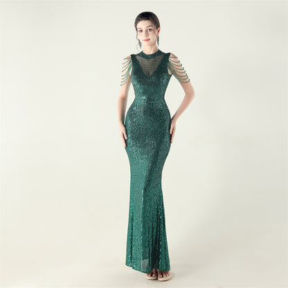 33553 # new turtleneck fishtail evening dress, beaded embroidered sequined crystal diamond decoration, red carpet wedding banquet dress