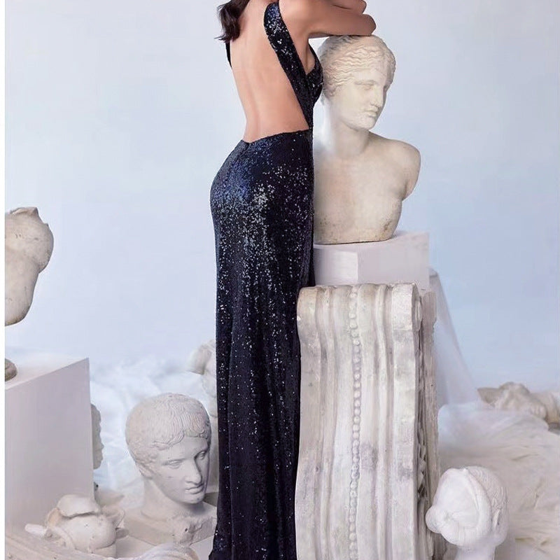 FLOWERSVERSE 2025 New summer new New black sequined backless sleeveless hollow sexy high-waisted split dress women