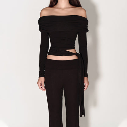 FLOWERSVERSE 2025 Spring New 2025 Women's Clothing Sexy Spice Girls One-word Shoulder Straps Short Navel Long Sleeve T-Shirt Top Women