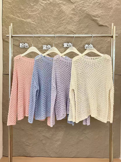 2025 spring loose long-sleeved hollow mohair knitted sweater top oversize sweater 25153