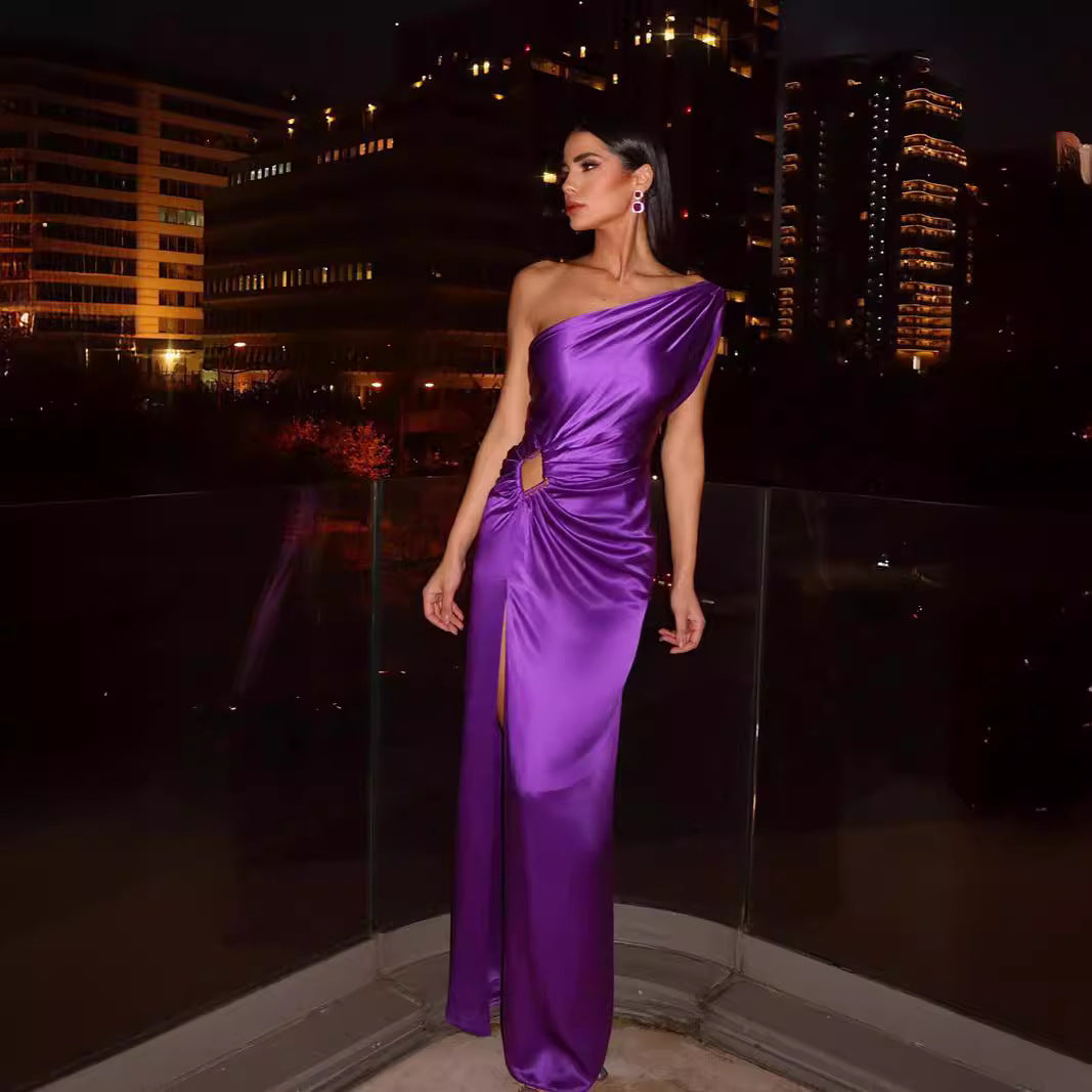 FLOWERSVERSE popular New spring and summer new long dress waist high waist temperament commuting solid color slanted shoulder temperament evening dress dress