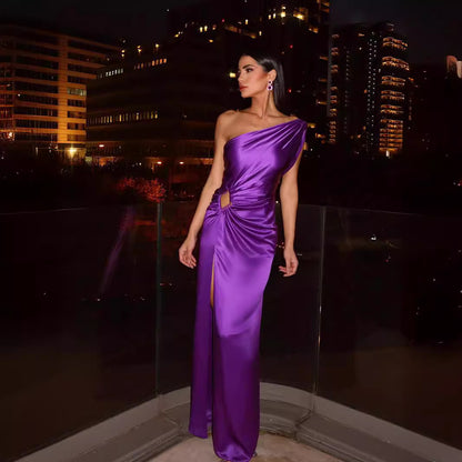 FLOWERSVERSE popular New spring and summer new long dress waist high waist temperament commuting solid color slanted shoulder temperament evening dress dress