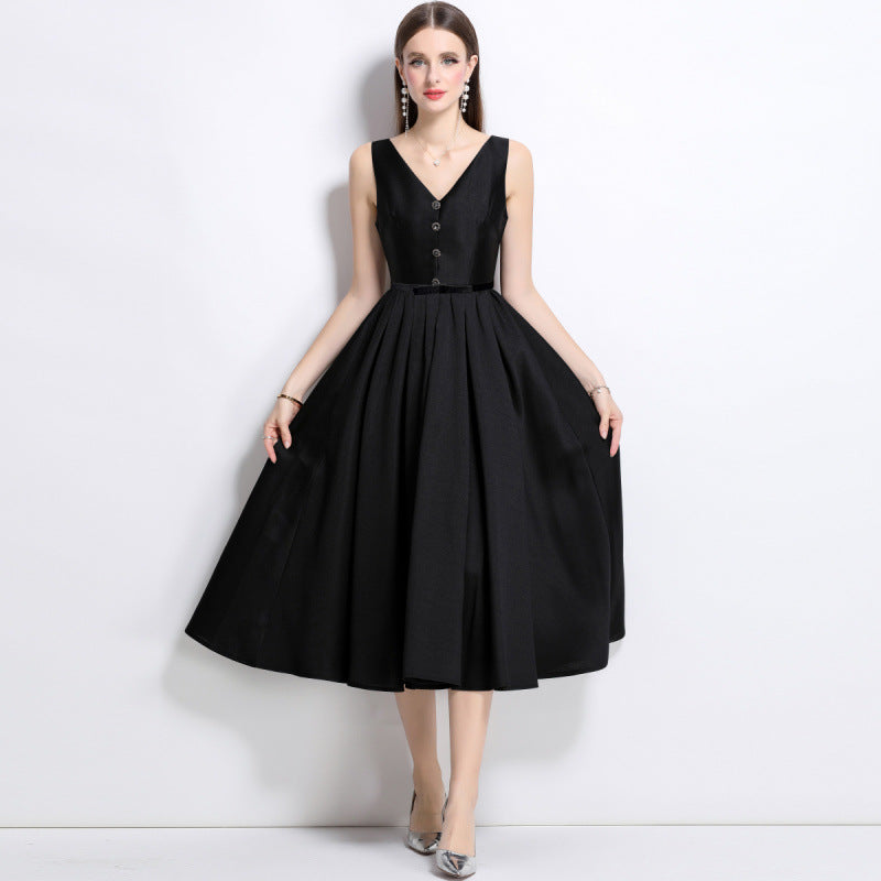 high-end black Hepburn style suspender dress skirt waist sleeveless vest bottoming inner dress women