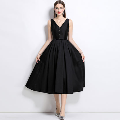 high-end black Hepburn style suspender dress skirt waist sleeveless vest bottoming inner dress women