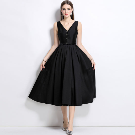 high-end black Hepburn style suspender dress skirt waist sleeveless vest bottoming inner dress women