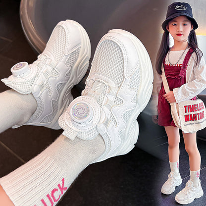 flowersverse New Light Bottom Dad Shoes Campus Solid Color Casual Shoes Fashionable Button Children Sneaker Girls' White Shoes Mesh