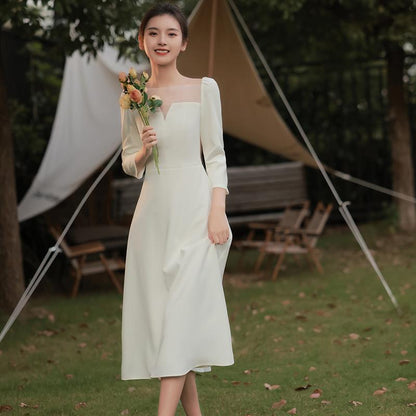 2025 Get the certificate and register, you can usually wear a simple  long-sleeved small white dress, engagement dress, light wedding dress, satin dress.