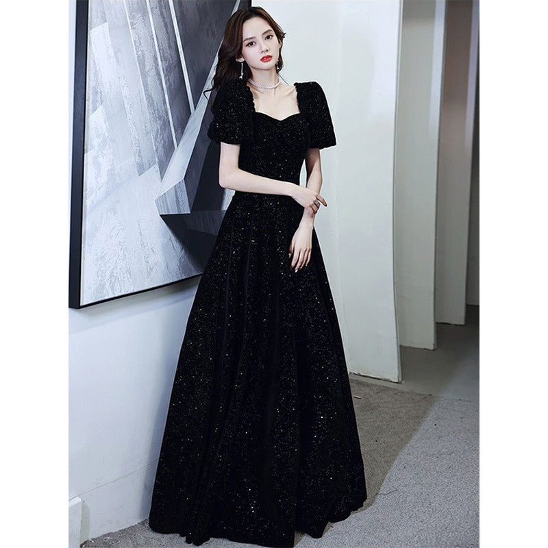 2025 Temperament evening dress women's  new black velvet dress celebrity temperament  banquet dress spring