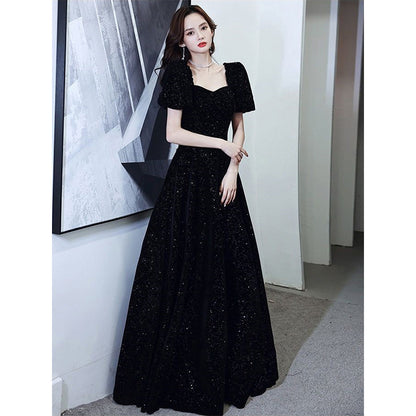 2025 Temperament evening dress women's  new black velvet dress celebrity temperament  banquet dress spring