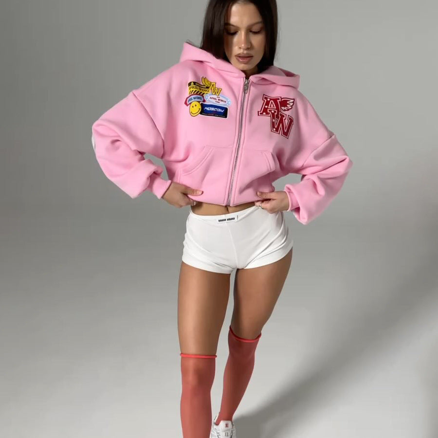 Spring  new short suit sweater  loose hooded letter printing niche suit women