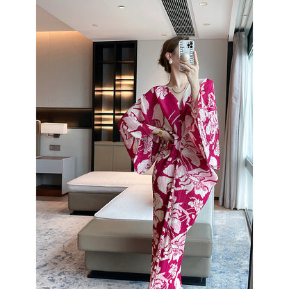 Miyake autumn new long printed loose v-neck slim and thin pleated dress temperament high-end long dress