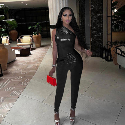 style  spring and summer new product slanted shoulder sleeveless waist hip lift women's onesie trousers women's nightclub wholesale